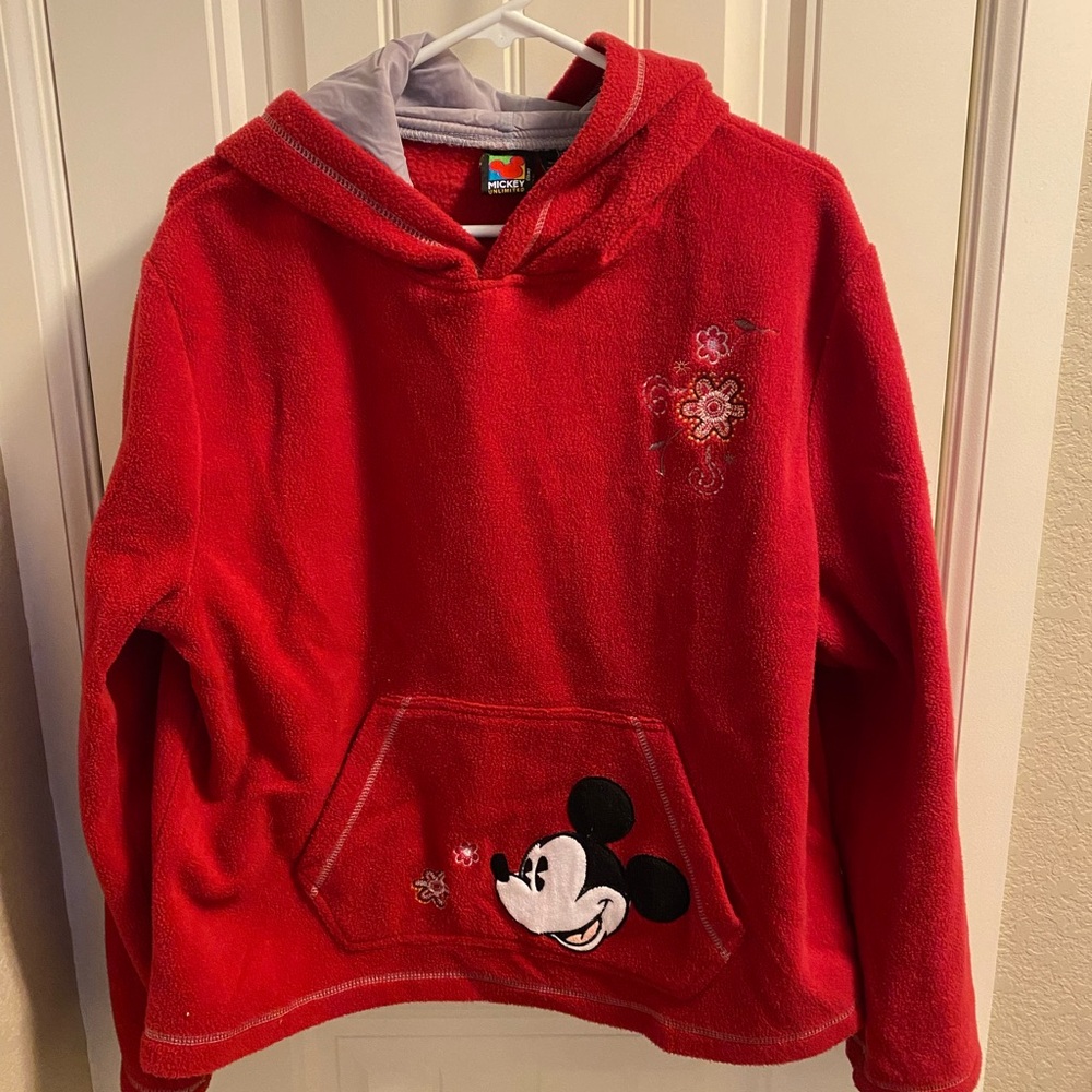 Vtg Mickey Unlimited XL Hoodie Sweatshirt Fleece Red Pullover Hooded Sweater